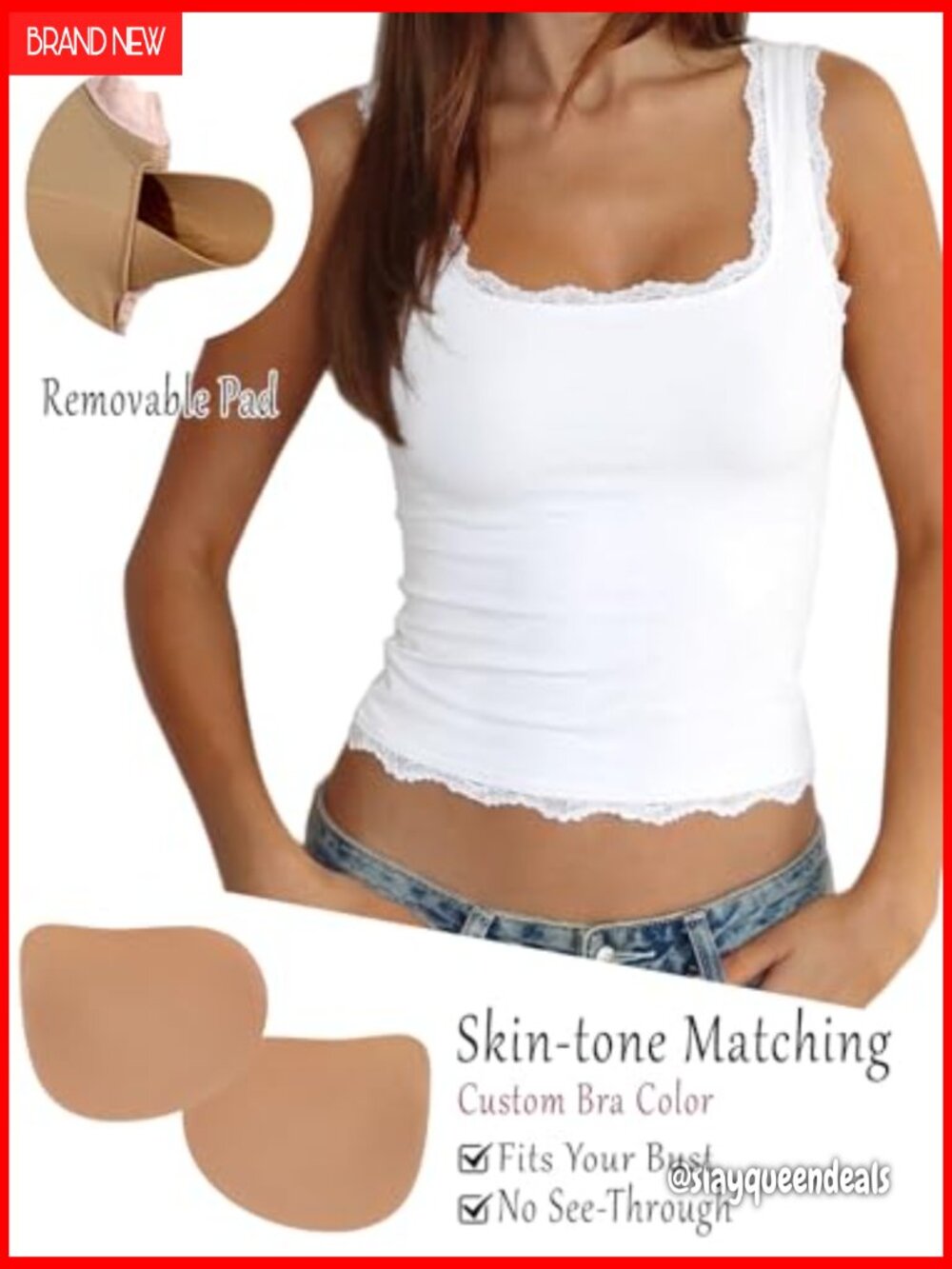 Padded Lace Crop Tank Top Square Neck Double Lined Going Out Top - Picture 4 of 7
